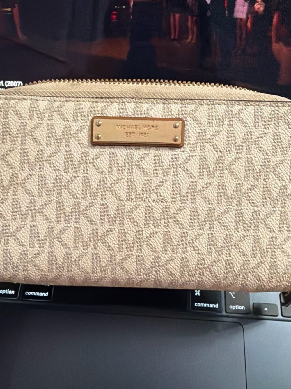 Michael Kors Tan Beige Signature Zip Wallet with Gold Plaque